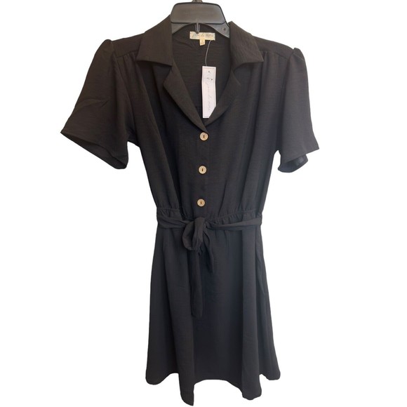 Womens Short Sleeve Button Dress Small Belted Black Pinup Goth Dark Academia - Picture 6 of 16
